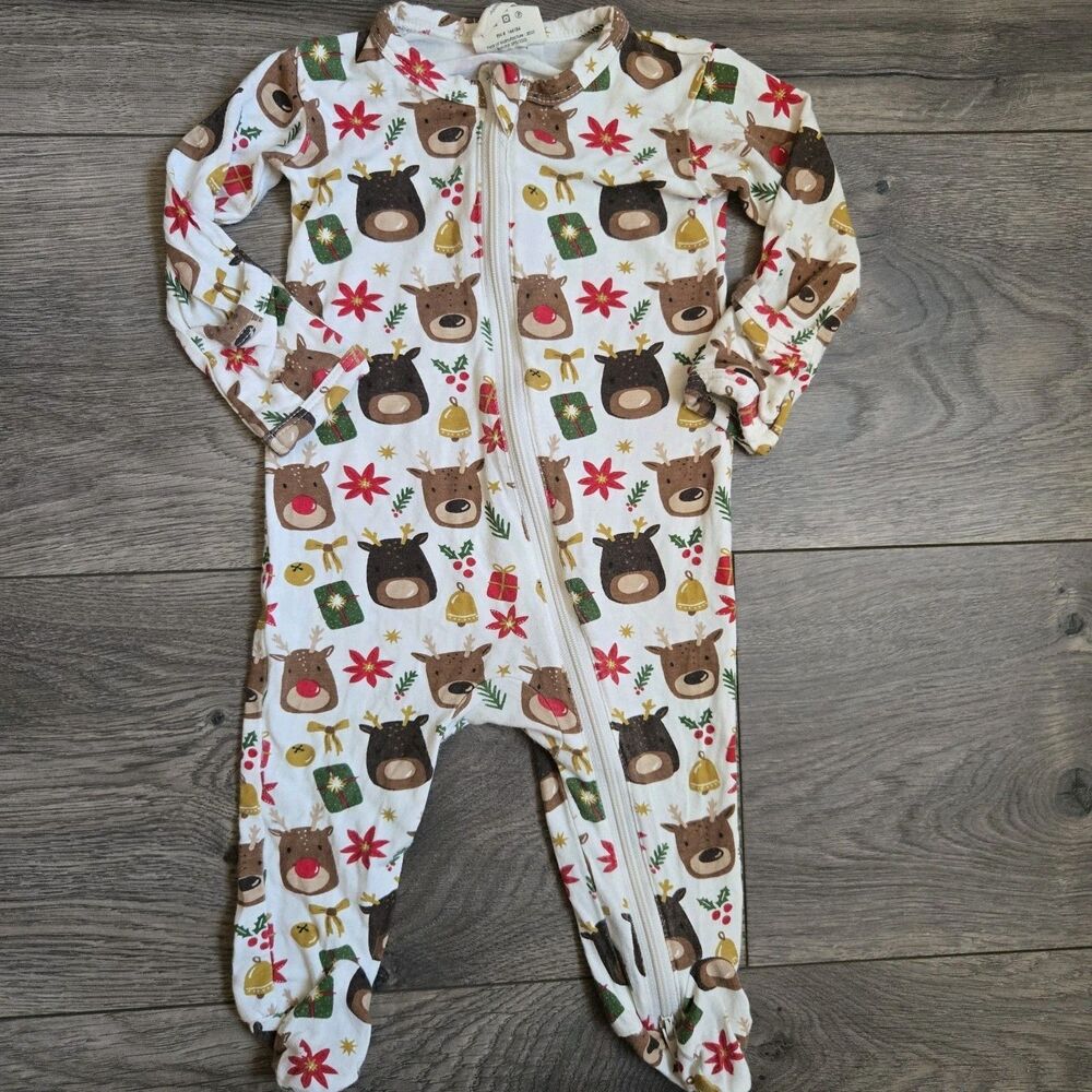 SpearmintLOVE Bamboo 0-3M Christmas Reindeer Footie Sleeper Pajamas 2-Way Zip